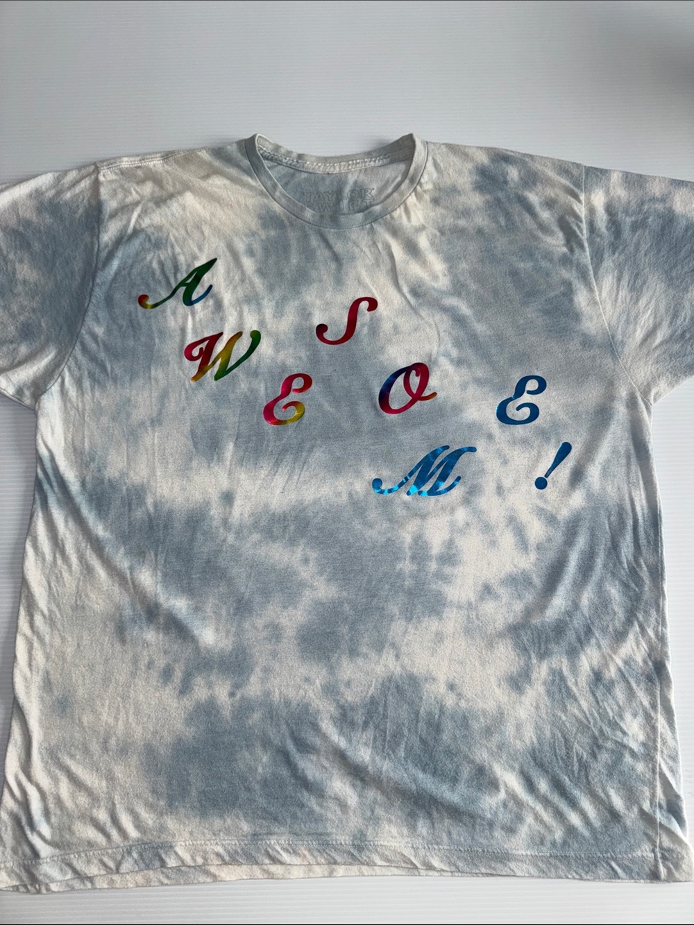 Taylor Swift White & Gray Tie-Dye Tee with Multicolor Script Letters